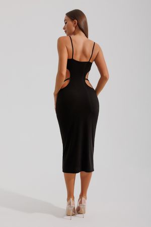 Платье миди с декоративными вырезами и бретелями на талии